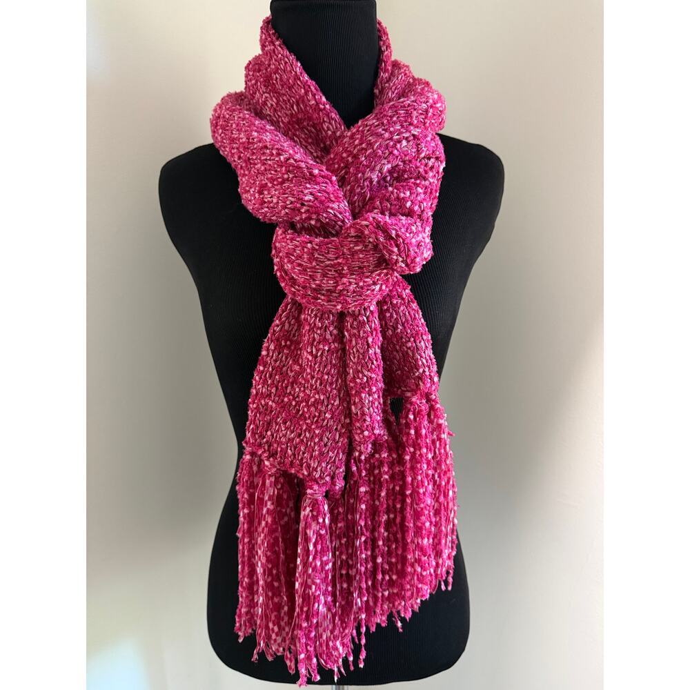 Y2K Liz Claiborne Hot Pink Chenille Scarf Ribbon Fringe Cozy Glam